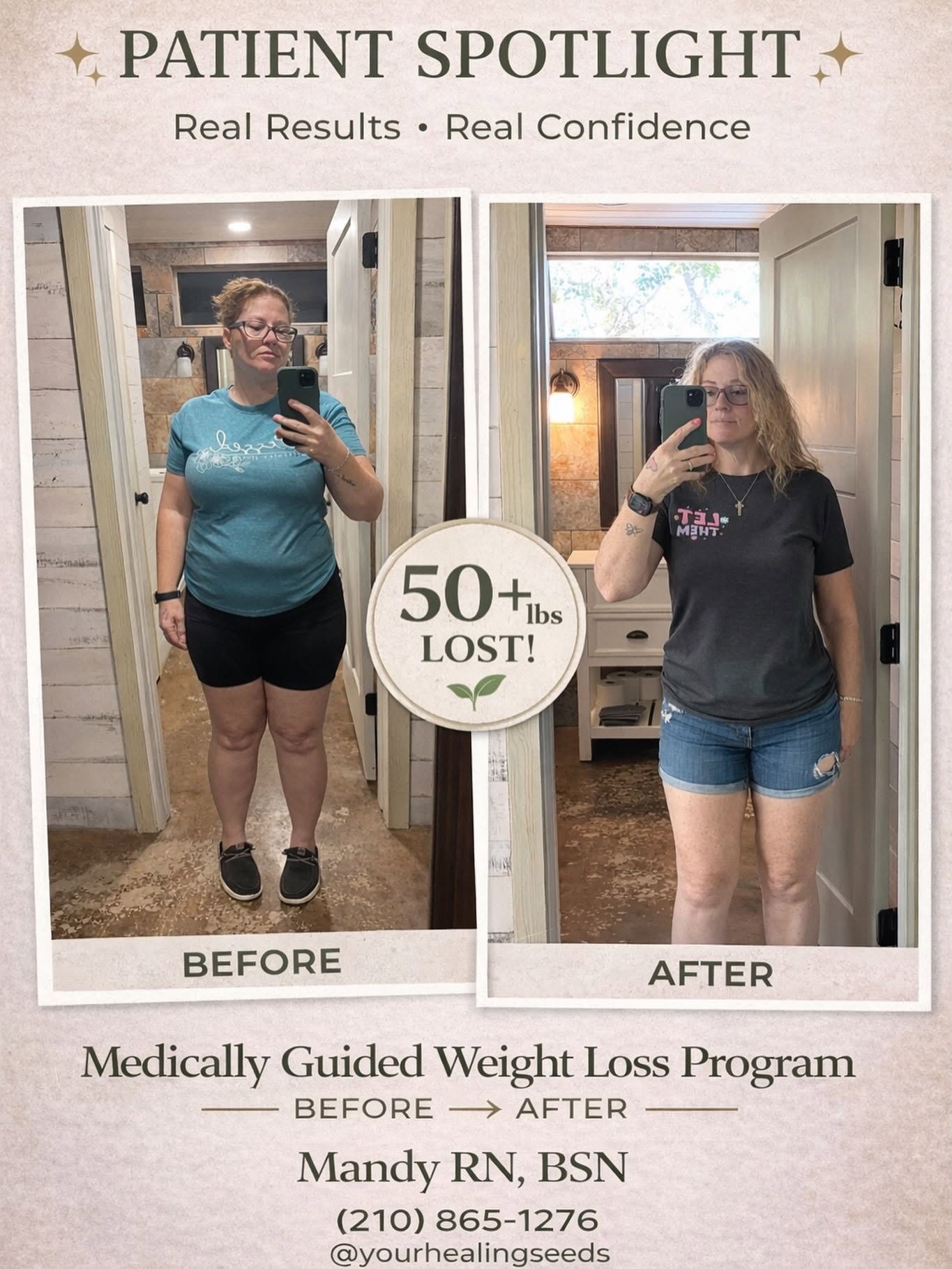 Medical weight loss patient spotlight showing 50 plus pounds lost